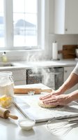 Woman kneading dough on floured counter in bright kitchen with baking ingredients and utensils for homemade bread or pastry preparation.