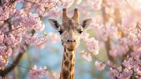 Giraffe surrounded by blooming pink cherry blossoms in spring garden setting, wildlife portrait with floral background for nature and animal themed designs.