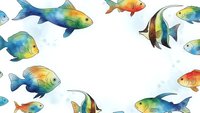 Colorful tropical fish swimming in circular frame on white background, marine life border design for aquarium themes and ocean decorations.