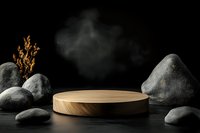 Minimalist wooden product display platform with natural stones and dried plant against dark background with atmospheric smoke effect.