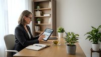 Professional businesswoman working on laptop at modern home office desk with plants and bookshelf in bright natural light workspace.