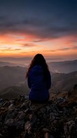 Woman with long dark hair wearing blue jacket sitting on rocky mountain peak at sunset, gazing over misty valley landscape with golden and orange sky.