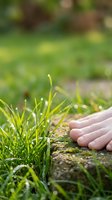 Child's hand touching fresh green grass and soil outdoors. Close-up of young fingers exploring nature, learning about plants and earth. Educational outdoor activity.