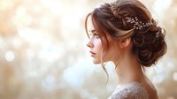 Side profile of young bride with elegant updo hairstyle adorned with crystal hairpiece against soft bokeh background. Wedding day romantic portrait in natural light.