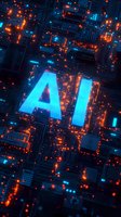 Glowing AI letters on futuristic circuit board with orange and blue neon lights creating dynamic technological pattern for artificial intelligence concept.