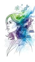 Female scientist profile with colorful DNA strands, molecular structures and laboratory equipment in watercolor style for science education materials.