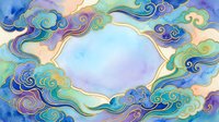 Watercolor oriental clouds frame in blue, teal, and purple tones with golden outlines, forming an elegant border with copy space in center.