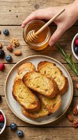 Hand holding wooden honey dipper over jar of golden honey above toasted bread slices, fresh berries, nuts and rosemary on rustic wood table for breakfast or brunch styling.