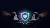 Protective hands cupping glowing heart shield symbol representing healthcare security, insurance coverage, and medical protection services.