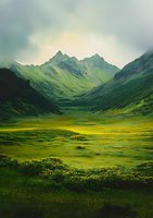 Majestic mountain peaks rise above a lush green valley filled with wildflowers, creating a dramatic alpine landscape under moody clouds at sunset.