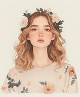 Young woman with wavy blonde hair wearing floral crown and romantic floral print sweater, soft pastel color palette with peach roses and gray leaves on beige background.