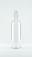 Empty clear glass bottle isolated on white background for product design and packaging mockup.