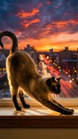 Black and white cat stretching on windowsill overlooking illuminated cityscape at sunset. Urban rooftop view with dramatic orange and purple sky. Perfect for lifestyle, pet, and travel content.