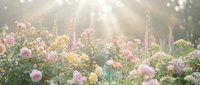 Blooming rose garden with soft sunlight rays creating dreamy atmosphere. Pink and yellow roses in natural outdoor setting for romantic designs and floral concepts.