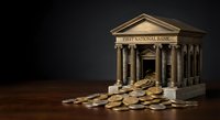 Classical bank building with golden coins spilling from entrance on dark background representing financial wealth and monetary institutions.