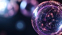 Glowing sphere with pink and blue neon light trails creating futuristic network patterns against dark background, abstract technology concept visualization.