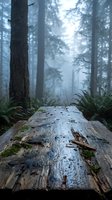 Fallen log covered in moss and lichen stretches through misty coniferous forest with towering evergreen trees and fog. Use for nature, woodland, and environmental design projects.