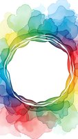 Vibrant watercolor rainbow frame with flowing circular border on white background for creative design projects and artistic presentations.
