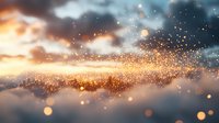 Magical glowing particles floating in dramatic sunset sky with clouds, creating ethereal atmosphere. Golden bokeh lights and sparkles add mystical effect.