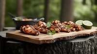 Grilled chicken wings with spicy barbecue sauce and fresh lime served on rustic wooden board. Dark moody food photography with natural lighting and bokeh effect.