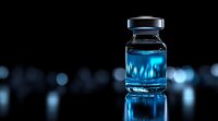 Medical vial with blue glowing liquid on dark reflective surface against blurred bokeh background, dramatic lighting creates mysterious scientific atmosphere.