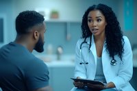 African American female doctor in white coat consulting with male patient during medical appointment, holding digital tablet in modern medical office setting.