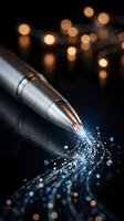 Silver pen creating magical sparks and light trails on dark surface with warm bokeh lights in background for creative writing concepts.
