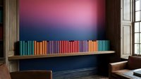 Colorful books arranged on wooden shelf against gradient pink and blue wall in modern interior space, suitable for home decor and design projects.