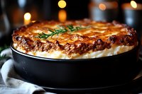 Homemade shepherd's pie with golden brown mashed potato topping and fresh rosemary sprig served in cast iron pan against dark background with bokeh lights.