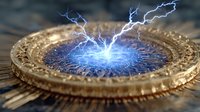 Magical golden portal with electric blue lightning energy sparks on wooden surface for fantasy gaming and supernatural design projects.