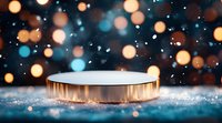 Elegant white podium with golden rim on sparkling surface against festive bokeh lights background for luxury product display and premium brand presentation.