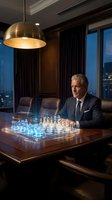 Senior Caucasian businessman in suit playing chess at luxury office boardroom table with city skyline view at night for corporate strategy concepts.