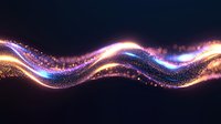 Glowing wave of sparkling particles flowing in dark space with vibrant blue, pink and golden colors creating magical light trail effect. Great for abstract backgrounds.