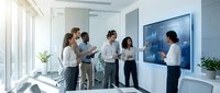 Business team analyzing financial data on large wall-mounted display screen in modern office conference room during strategic planning meeting.