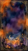 Watercolor Halloween night scene with glowing pumpkins, bats, haunted house, crescent moon, and golden ornate frame with copy space.