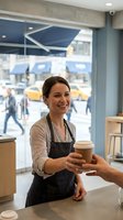 Female barista with dark hair, Caucasian ethnicity, smiling while serving a takeaway coffee cup to a customer at a modern cafe counter with street view window.