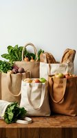Eco-friendly reusable shopping bags filled with fresh organic groceries including bread, vegetables and fruits on wooden table for sustainable living.