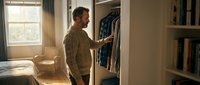 Middle-aged Caucasian man selecting clothes from organized wardrobe in bright bedroom. Morning routine, getting dressed, home organization concept.