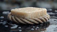 Natural handmade soap bar on rustic rope with water drops on dark surface, organic skincare product for spa and wellness treatments, macro shot.