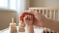 Adult hand gently holding baby's tiny fist in nursery room with wooden toys, showing tender parent-child bonding moment and newborn care.