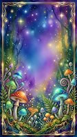 Enchanted forest floor with glowing mushrooms, magical plants, and starry night sky with golden ornamental frame border.