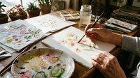 Senior artist painting delicate watercolor florals at wooden desk with palette, brushes and botanical artwork in warm natural light studio setting.