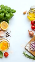 Fresh cooking ingredients arranged on white background with basil, olive oil, tomatoes, garlic, lemon and herbs for culinary preparation and recipe creation.
