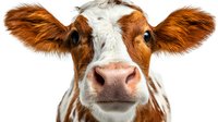Brown and white cow with large ears looking directly at camera against white background, isolated livestock portrait for agricultural, dairy farming, and animal husbandry designs.