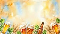 Watercolor beer festival background with hops, wheat, and glasses of craft beer, warm golden tones, copy space for text or design.