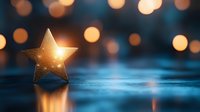Golden star ornament glowing against dark blue background with bokeh lights, creating magical holiday atmosphere. Reflection on shiny surface adds depth.