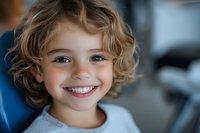 Young caucasian child with curly blonde hair and bright blue eyes smiling genuinely at camera, wearing light colored clothing against blurred background.