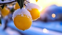 Fresh yellow citrus fruits covered with snow on tree branch against blurred winter background with soft bokeh lights and cold blue tones. Seasonal nature concept.