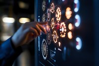 Finger touching futuristic interface with glowing gear icons and digital elements on dark transparent screen, demonstrating modern technology interaction.
