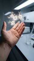 Scientist hand holding glowing virus molecules in modern laboratory for medical research and pharmaceutical development studies.